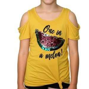 Beautees Girls Size L Watermelon Mustard Cold Shoulder Reversible Sequin T-Shirt